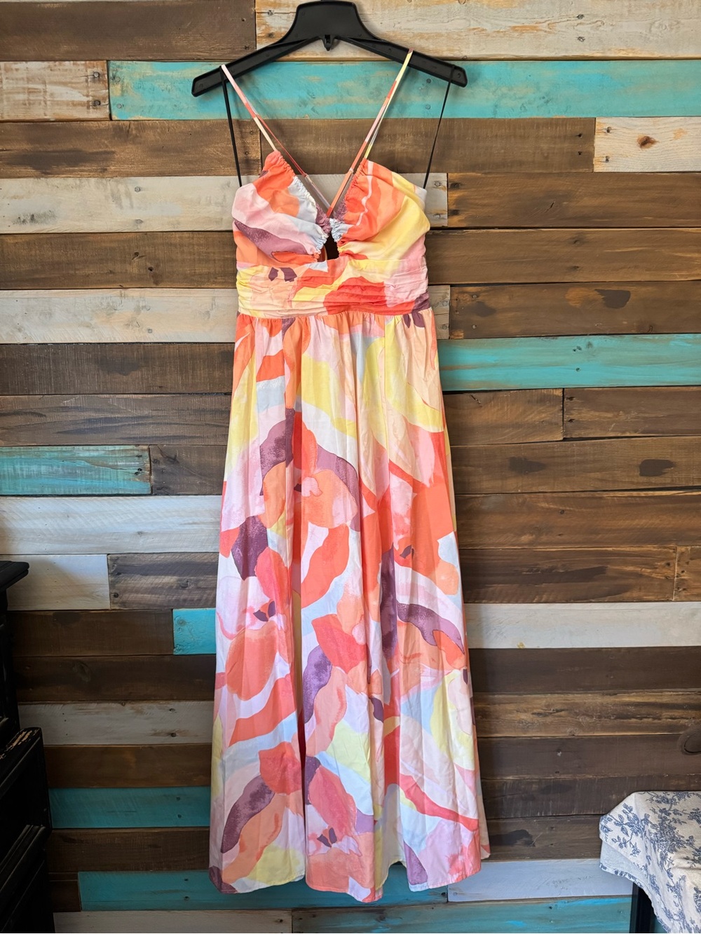 H&M Gathered Waist Maxi Dress Abstract Pastel Floral NWT Pink Orange | Size S